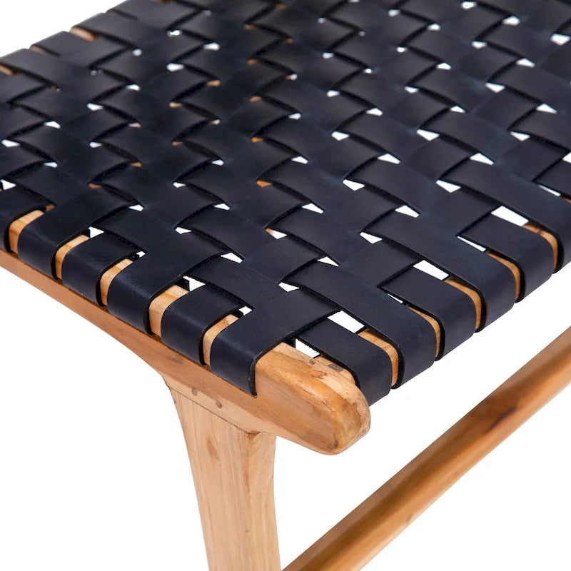 Chaise de salle à manger Maverick en cuir pleine fleur tissé avec structure en teck