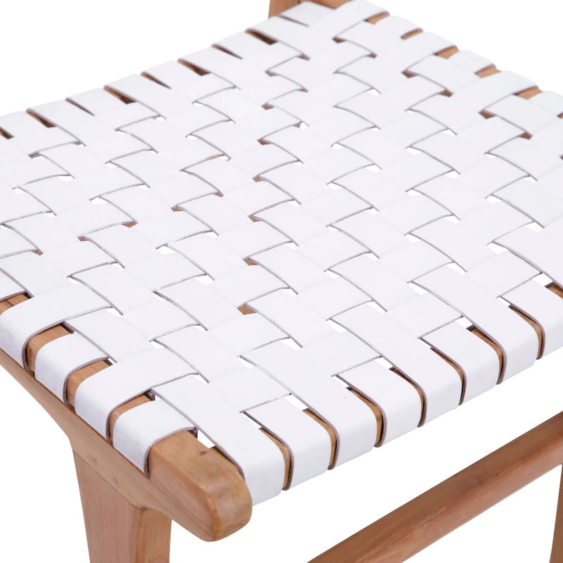 Chaise de salle à manger Maverick en cuir pleine fleur tissé avec structure en teck