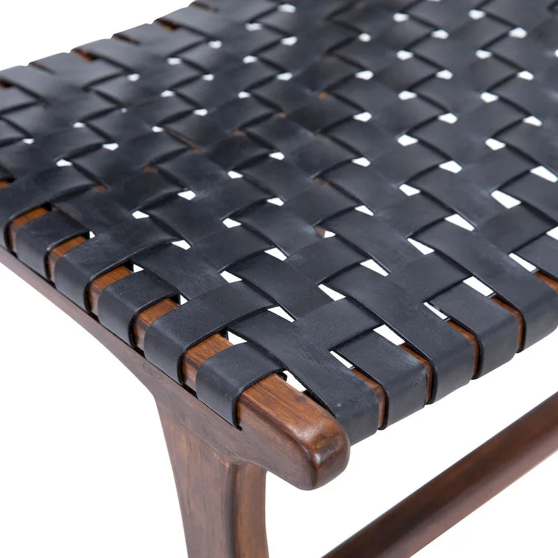 Chaise de salle à manger Maverick en cuir pleine fleur tissé avec structure en teck