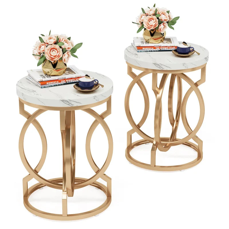Gold End Table, Round Side Table with Faux Marble Top