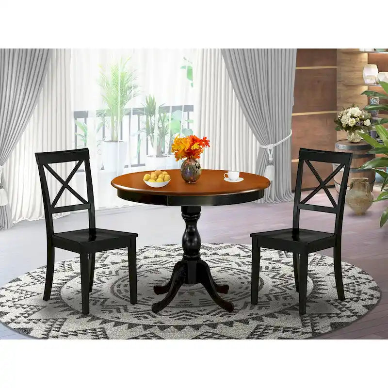 Ensemble de table de cuisine 3 pièces East West Furniture : une table ronde et des chaises à assise en bois, noir et cerisier (nombre de pièces au choix)