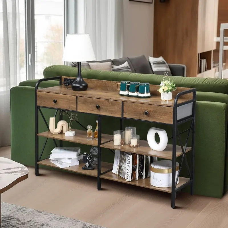 Console avec prises électriques et ports USB, table d'entrée étroite à 3 tiroirs
