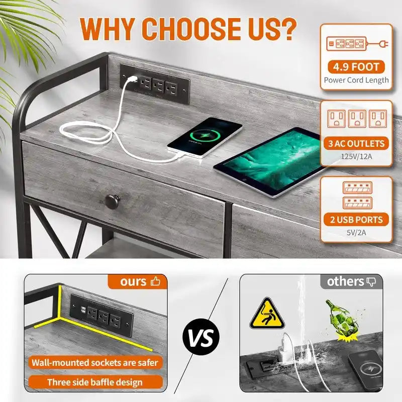 Console avec prises électriques et ports USB, table d'entrée étroite à 3 tiroirs