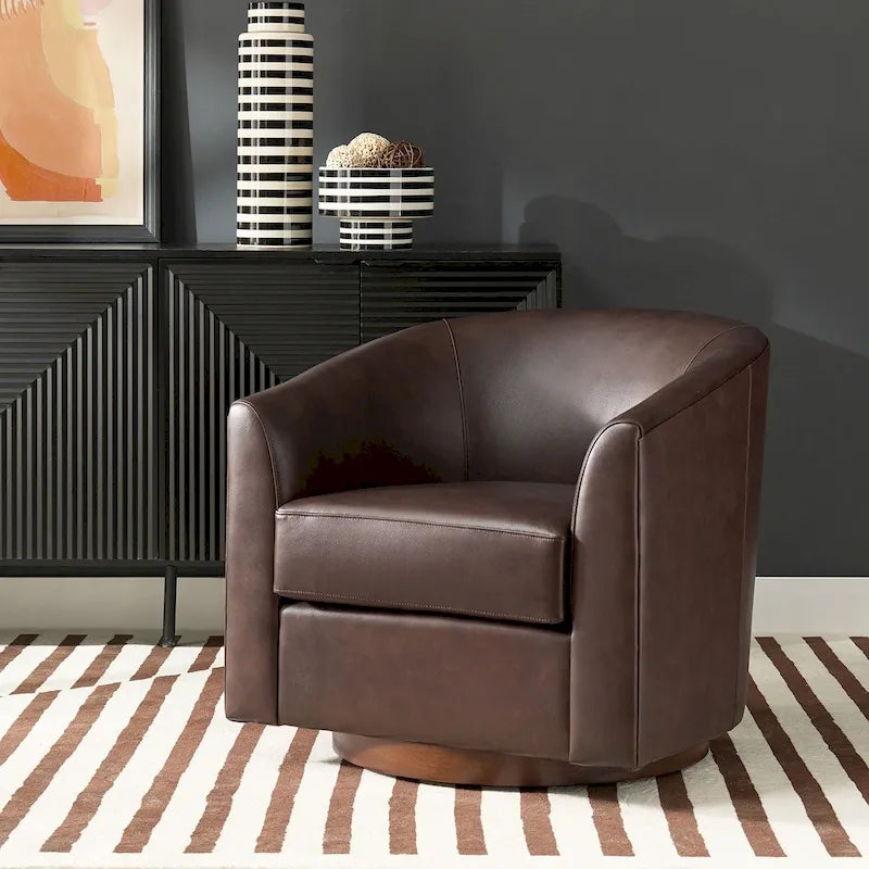 Fauteuil pivotant Althea moderne en cuir véritable avec base en bois massif par HULALA HOME