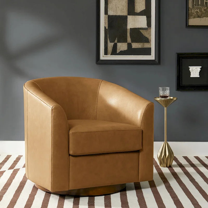Fauteuil pivotant Althea moderne en cuir véritable avec base en bois massif par HULALA HOME