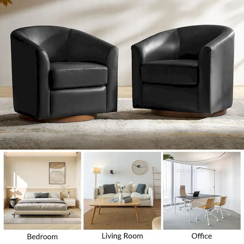 Fauteuil pivotant Althea moderne en cuir véritable avec base en bois massif par HULALA HOME