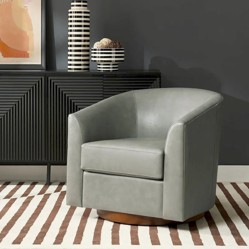 Fauteuil pivotant Althea moderne en cuir véritable avec base en bois massif par HULALA HOME