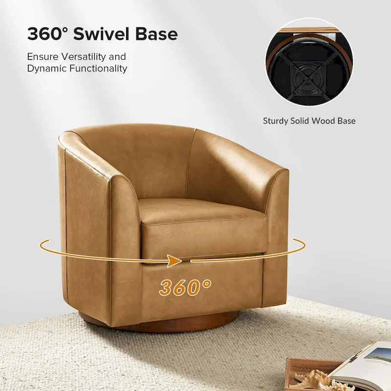 Fauteuil pivotant Althea moderne en cuir véritable avec base en bois massif par HULALA HOME