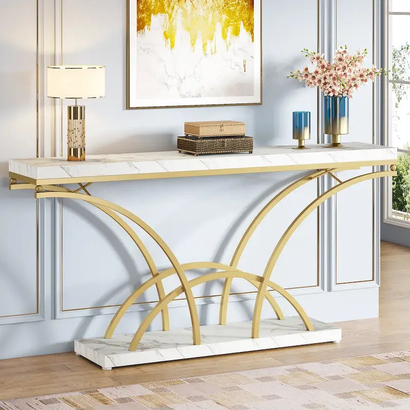 Table console de 180 cm de long, table d'appoint dorée avec plateau en faux marbre blanc pour entrée ou salon