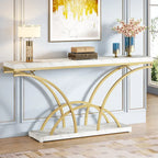 Table console de 180 cm de long, table d'appoint dorée avec plateau en faux marbre blanc pour entrée ou salon