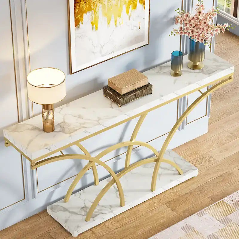Table console de 180 cm de long, table d'appoint dorée avec plateau en faux marbre blanc pour entrée ou salon