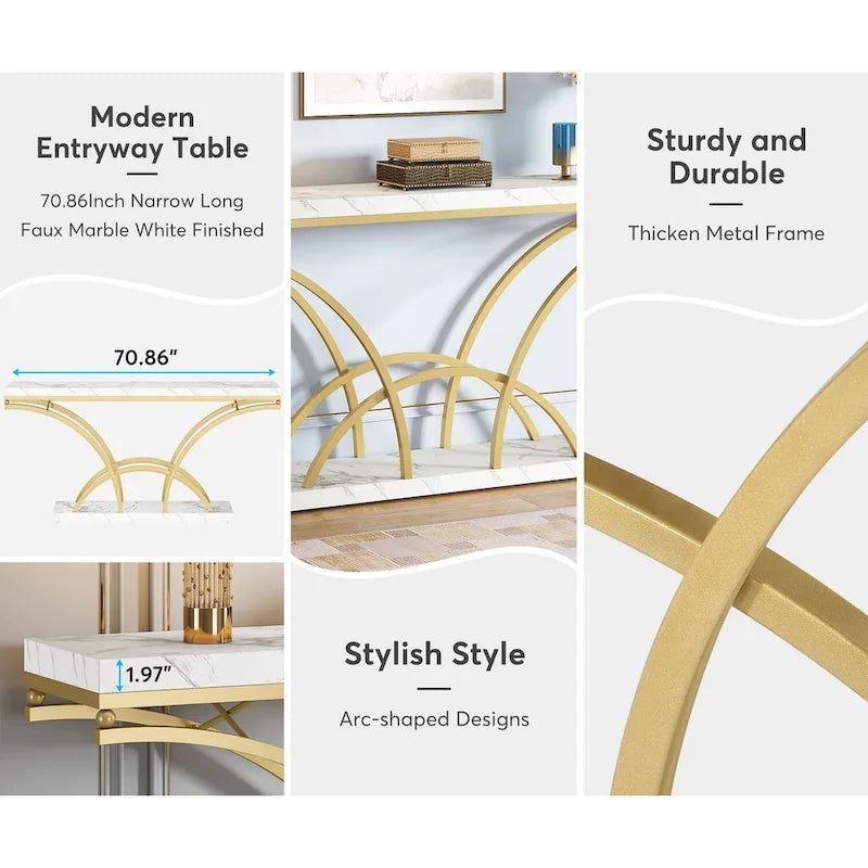 Table console de 180 cm de long, table d'appoint dorée avec plateau en faux marbre blanc pour entrée ou salon