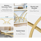 Table console de 180 cm de long, table d'appoint dorée avec plateau en faux marbre blanc pour entrée ou salon