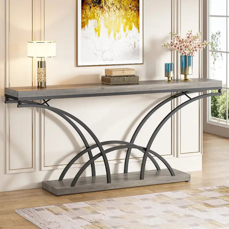 Table console de 180 cm de long, table d'appoint dorée avec plateau en faux marbre blanc pour entrée ou salon