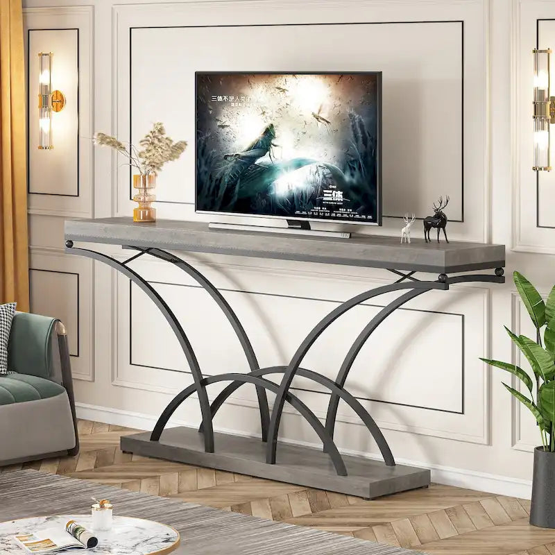 Table console de 180 cm de long, table d'appoint dorée avec plateau en faux marbre blanc pour entrée ou salon
