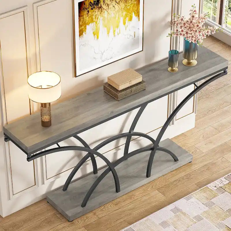 Table console de 180 cm de long, table d'appoint dorée avec plateau en faux marbre blanc pour entrée ou salon