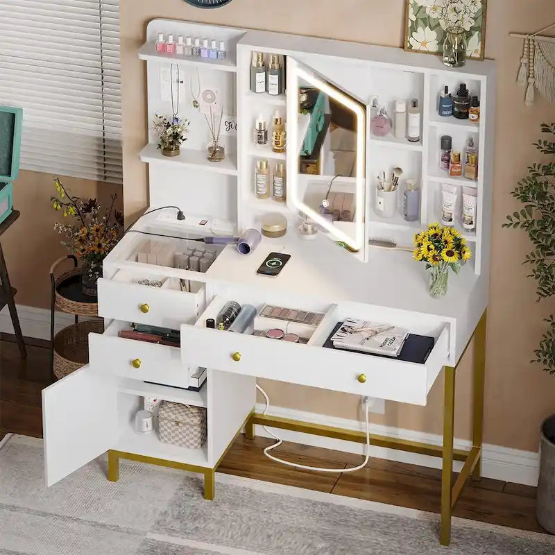 Coiffeuse avec crochets à bijoux uniques et espace de rangement dissimulé