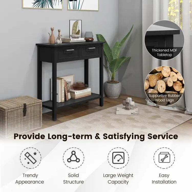 Console étroite avec tiroirs et étagère de rangement ouverte - 80 cm (L) x 36 cm (l) x 81 cm (H)