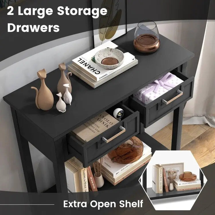 Console étroite avec tiroirs et étagère de rangement ouverte - 80 cm (L) x 36 cm (l) x 81 cm (H)