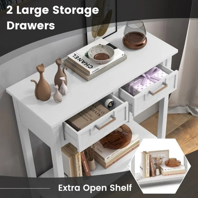 Console étroite avec tiroirs et étagère de rangement ouverte - 80 cm (L) x 36 cm (l) x 81 cm (H)