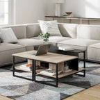 Table basse de style campagnard en verre avec rangement, métal et bois