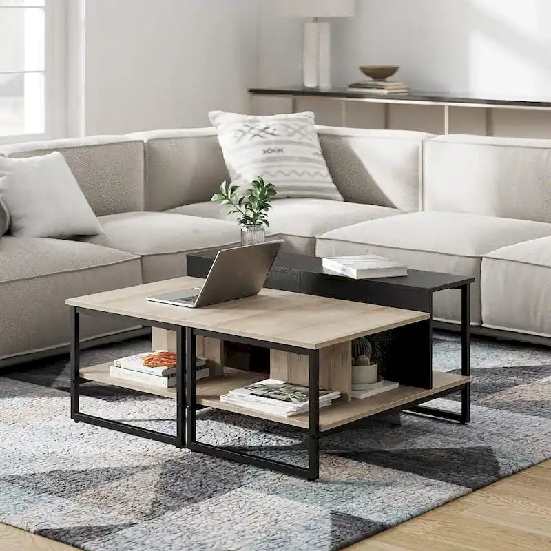 Table basse de style campagnard en verre avec rangement, métal et bois