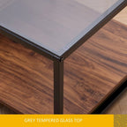 Table basse de style campagnard en verre avec rangement, métal et bois