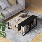 Table basse de style campagnard en verre avec rangement, métal et bois