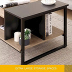 Table basse de style campagnard en verre avec rangement, métal et bois