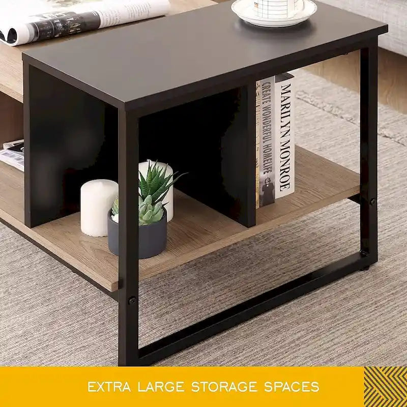 Table basse de style campagnard en verre avec rangement, métal et bois