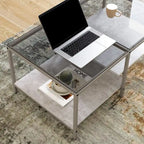 Table basse de style campagnard en verre avec rangement, métal et bois