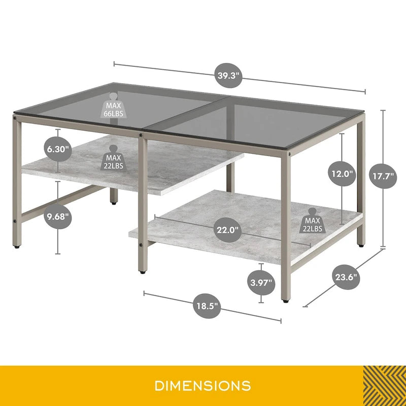 Table basse de style campagnard en verre avec rangement, métal et bois