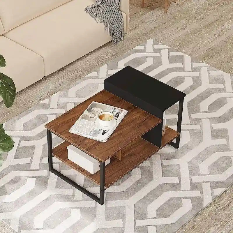 Table basse de style campagnard en verre avec rangement, métal et bois