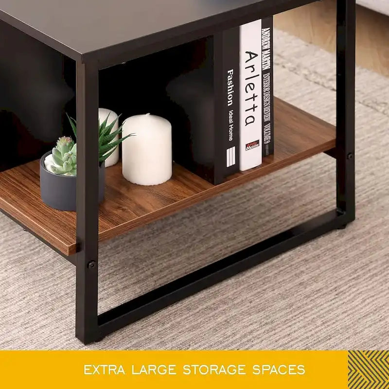 Table basse de style campagnard en verre avec rangement, métal et bois