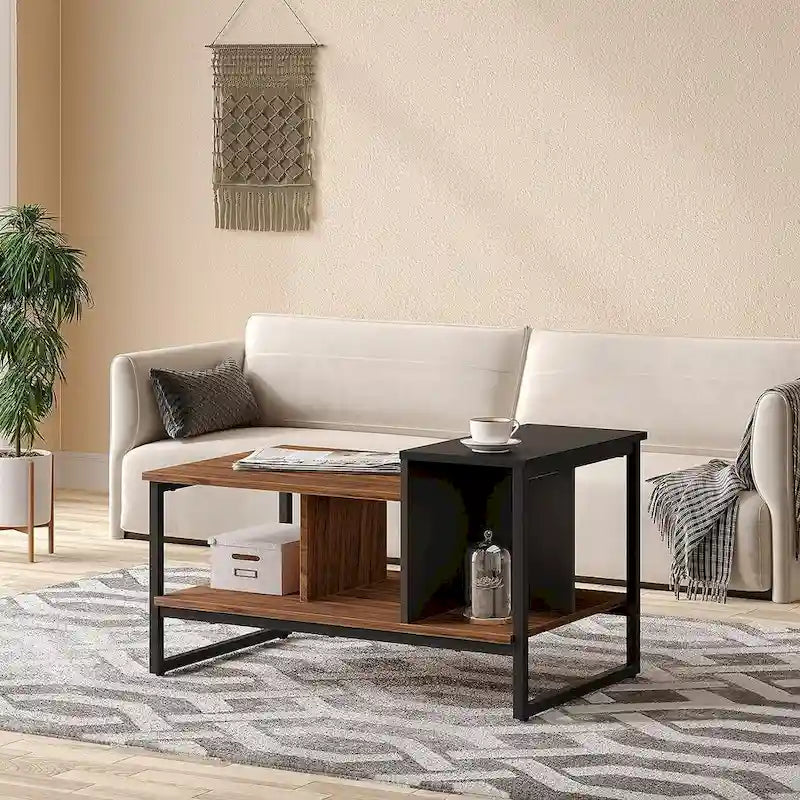 Table basse de style campagnard en verre avec rangement, métal et bois