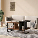 Table basse de style campagnard en verre avec rangement, métal et bois