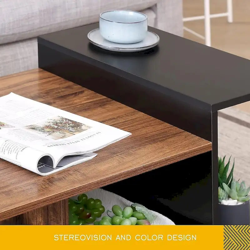 Table basse de style campagnard en verre avec rangement, métal et bois