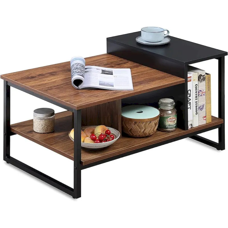 Table basse de style campagnard en verre avec rangement, métal et bois