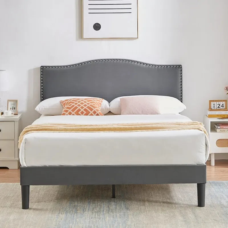 VECELO, Upholstered Platform Bed Frame with Nailhead Headboard Twin Full Queen Size Bed-Grey