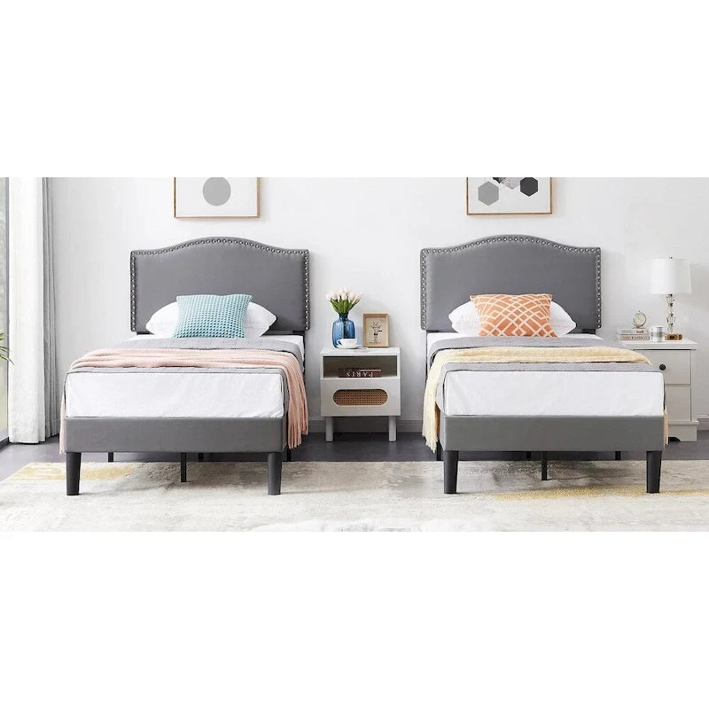 VECELO, Cadre de lit plateforme rembourré avec tête de lit cloutée, tailles Twin, Full et Queen - Gris