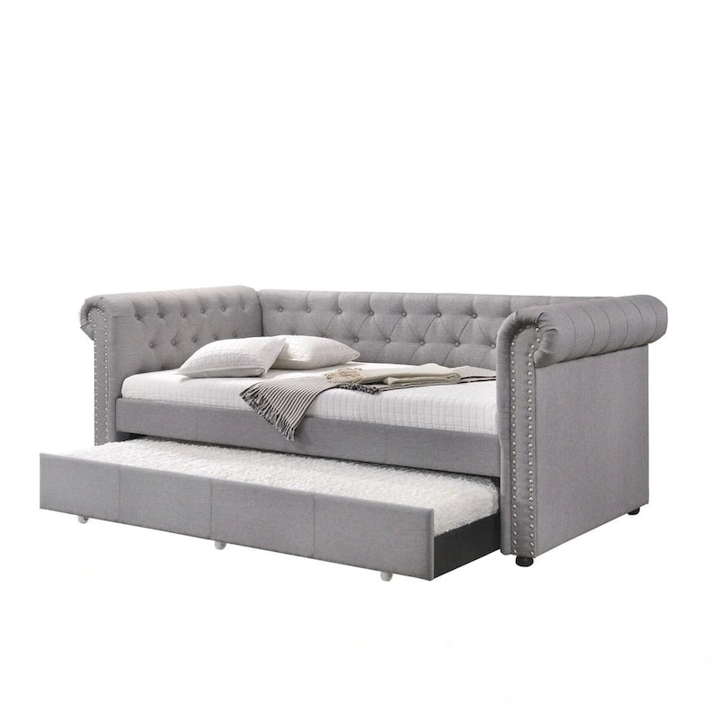 Lit de jour Chesterfield une place avec lit gigogne intégré et finitions cloutées, gris