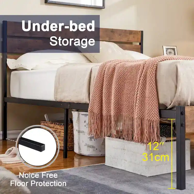 Cadre de lit plateforme Javlergo avec tête de lit en bois, support à lattes métalliques robustes, aucun sommier requis