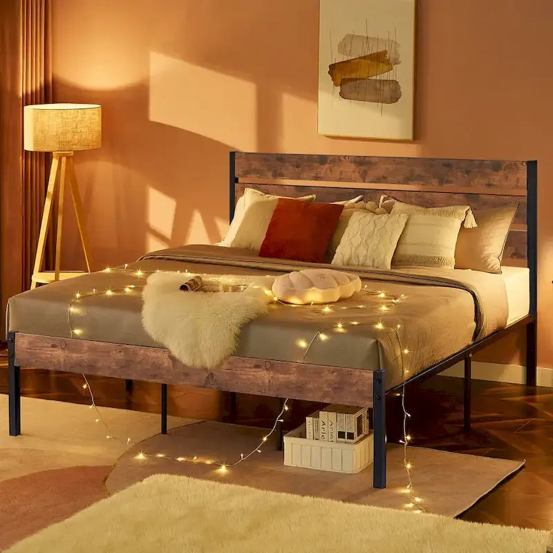 Cadre de lit plateforme Javlergo avec tête de lit en bois, support à lattes métalliques robustes, aucun sommier requis