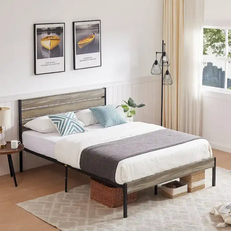 Cadre de lit plateforme Javlergo avec tête de lit en bois, support à lattes métalliques robustes, aucun sommier requis