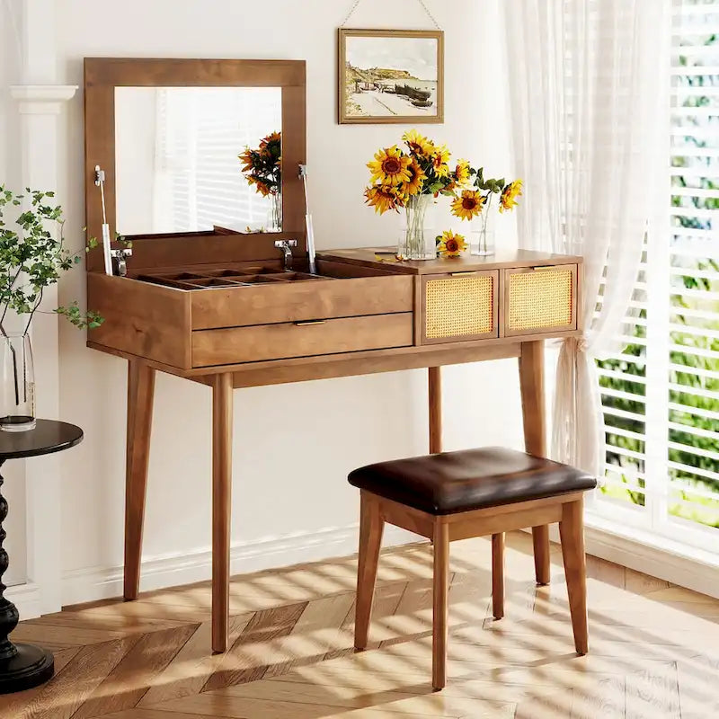 Ensemble coiffeuse classique en bois 43,3 cm avec miroir rabattable et tabouret, table de maquillage avec trois tiroirs et espace de rangement