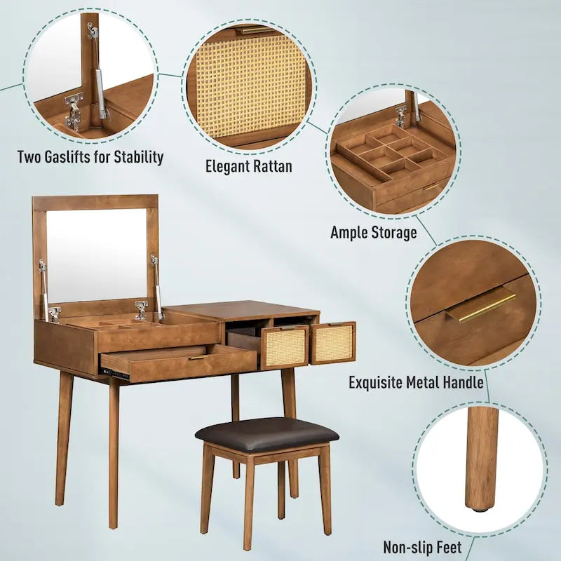 Ensemble coiffeuse classique en bois 43,3 cm avec miroir rabattable et tabouret, table de maquillage avec trois tiroirs et espace de rangement