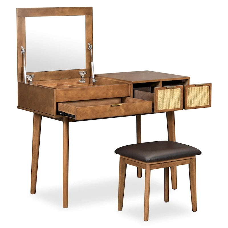 Ensemble coiffeuse classique en bois 43,3 cm avec miroir rabattable et tabouret, table de maquillage avec trois tiroirs et espace de rangement