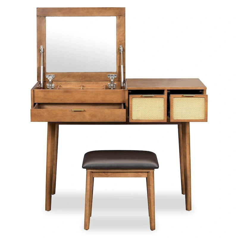 Ensemble coiffeuse classique en bois 43,3 cm avec miroir rabattable et tabouret, table de maquillage avec trois tiroirs et espace de rangement