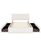 Lit plateforme double entièrement recouvert de polaire, avec 4 tiroirs et bordure dorée sur la tête et le pied de lit.