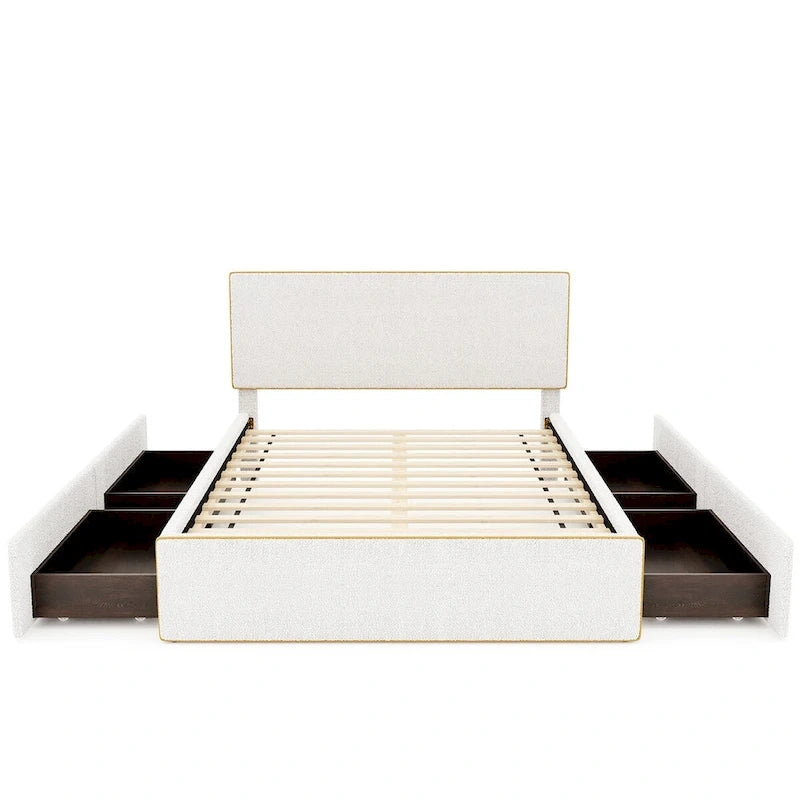 Lit plateforme double entièrement recouvert de polaire, avec 4 tiroirs et bordure dorée sur la tête et le pied de lit.